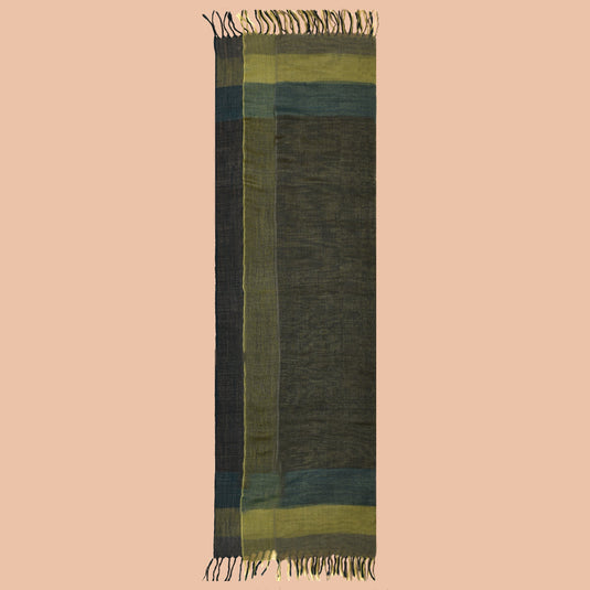 100% Merino woolen stole with olive, teal, and charcoal checkered design and hand-twisted fringes