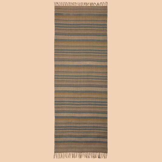 Organic cotton stole with earthy beige, olive, and mustard stripes, handcrafted and naturally dyed.