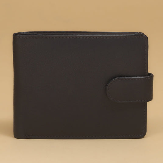 Minimalist black eco-leather wallet with snap closure and sleek design