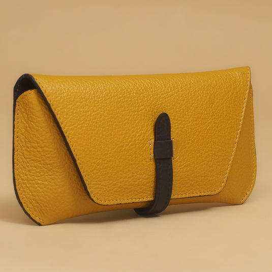 Yellow eco-leather spectacle case with black strap for durable eyewear protection