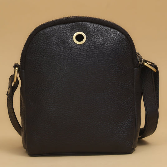 Black crescent-shaped eco-leather small cross body bag with pebbled texture and gold-tone hardware
