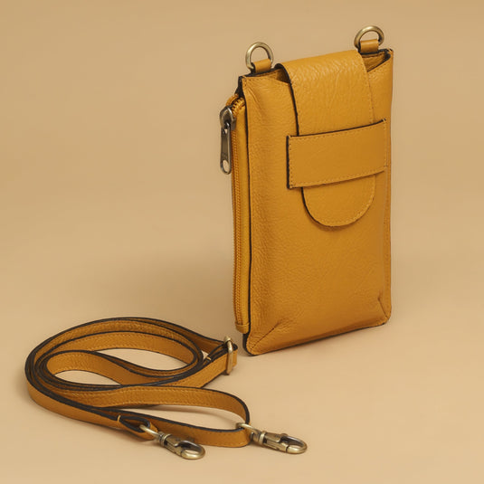 Yellow eco-leather cross-body mobile wallet with adjustable strap and secure flap closure