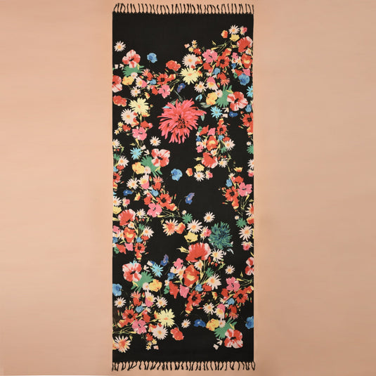 Black modal stole with vibrant multicolor floral print and tassels