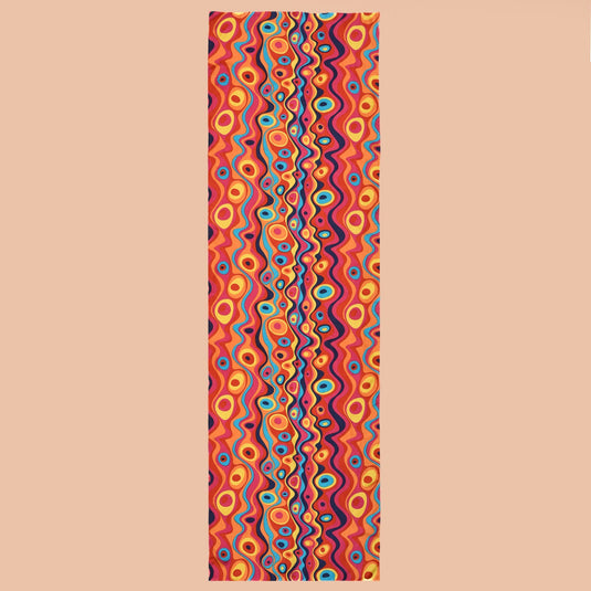 Vibrant abstract print 100% pure silk stole with bold red, orange, yellow, blue, and magenta pattern
