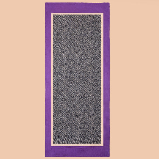 Dark blue geometric patterned 100% silk stole with purple border, lightweight and elegant accessory