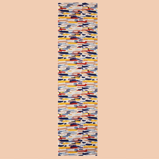 Multicolor abstract brush print organic cotton stole with vibrant strokes of navy, red, mustard yellow, and neutrals.