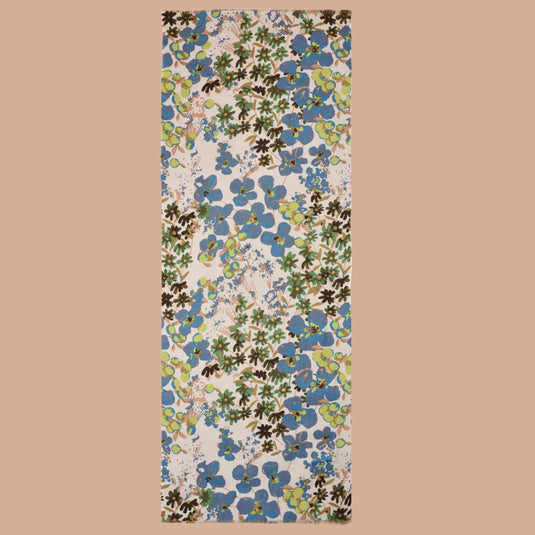 Lightweight 100% modal stole with blue, green, and brown floral print on ivory background
