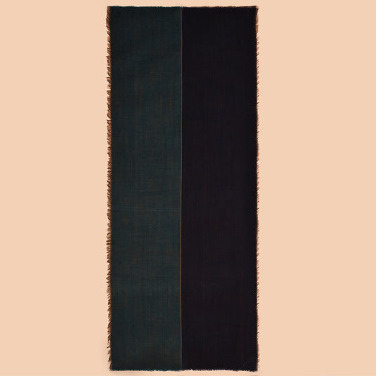 100% Merino woolen stole in olive, teal, and charcoal with raw fringed edges