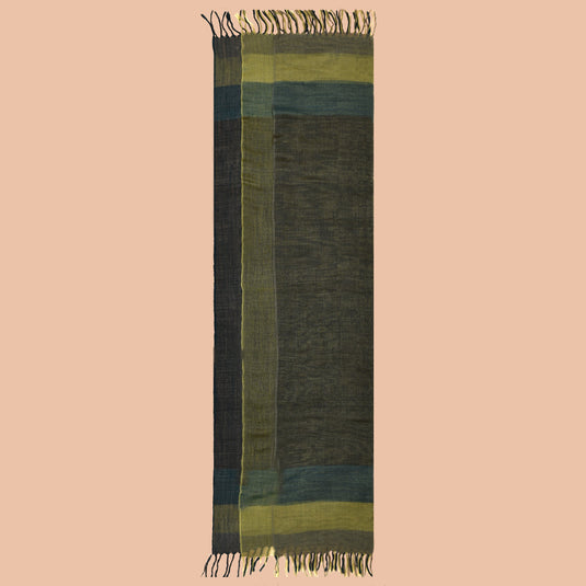 100% Merino woolen stole with olive and teal checkered triple-layer design and hand-twisted fringes