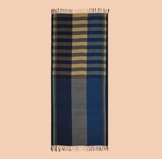 Navy and beige checkered 100% merino wool woolen stole with fringed edges