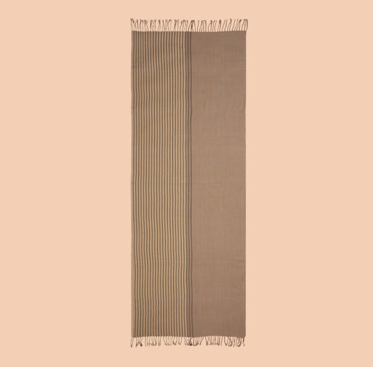 Organic cotton stole in earthy beige with natural dye and vertical stripes, handwoven and lightweight.
