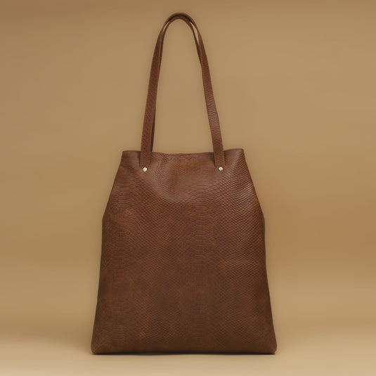 Brown eco-leather large shopper shoulder bag with embossed texture and long straps