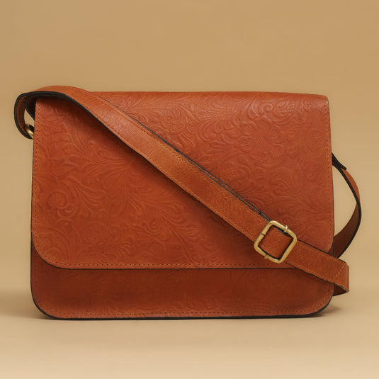 Eco-leather ginger embossed shoulder bag with adjustable strap and intricate floral detailing