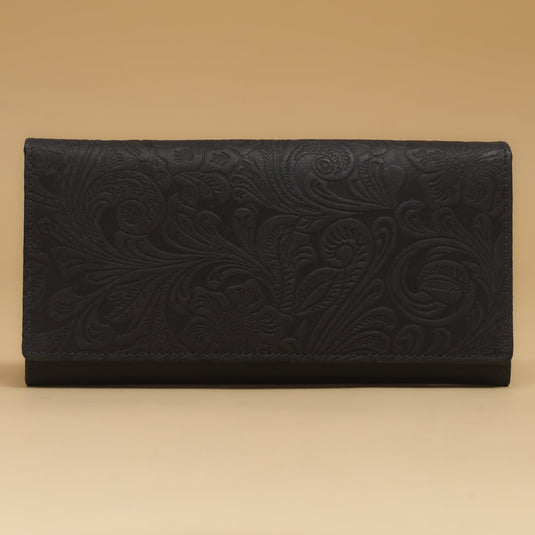 Black eco-leather embossed wallet with floral pattern, sustainable and elegant purse for daily use