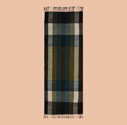 100% merino woolen stole with classic checkered pattern in teal, olive, black, and ivory tones, featuring delicate fringes