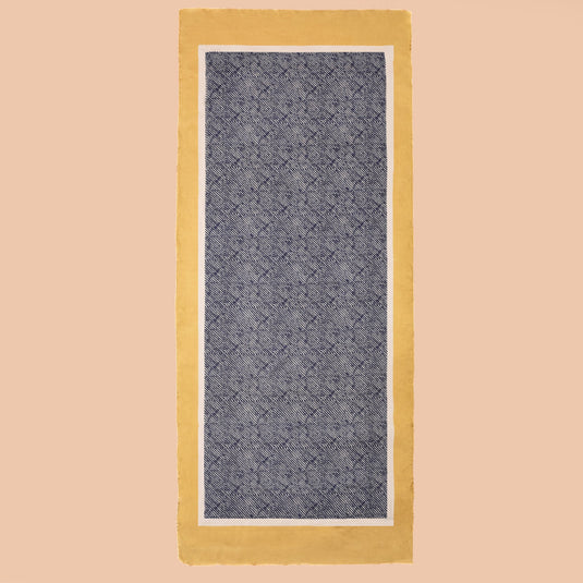 100% silk stole in yellow with navy hand-drawn stripes and white edge, lightweight and smooth
