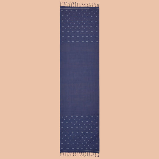 Indigo blue organic cotton stole with white Jamdani motifs and fringed edges