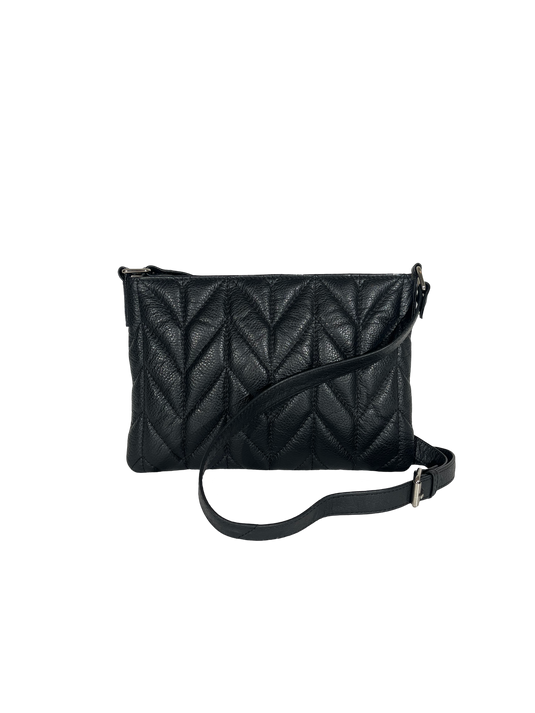 Handmade women's quilted cross-body bag in black.