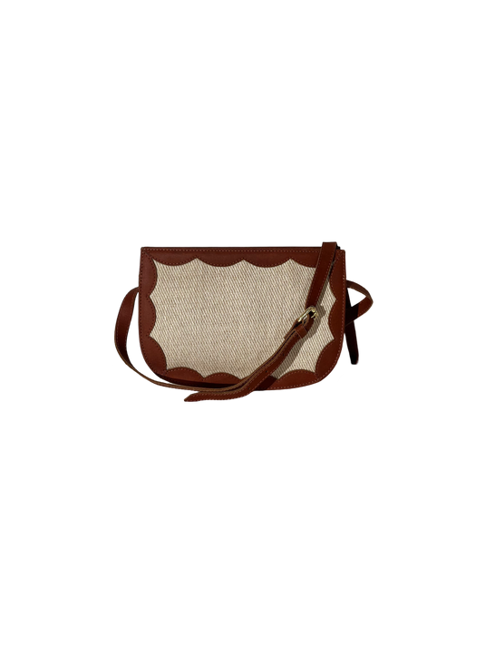 Handmade jute-cotton cross body bag with leather trim.