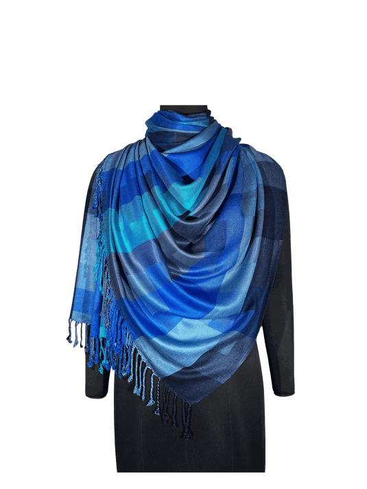 VISCOSE STOLES in blue solid checks jacquard design.